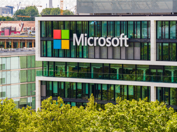 MUNICH, GERMANY - MAY 25, 2025: Microsoft logo at the company office building located in Munich, Germany