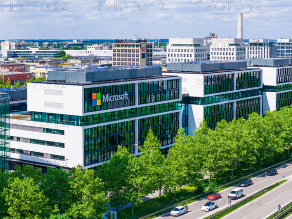MUNICH, GERMANY - MAY 25, 2025: Microsoft logo at the company office building located in Munich, Germany