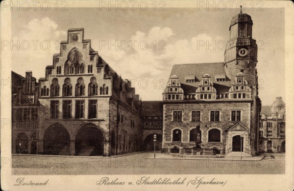 Dortmund Rathaus und Stadtbibliothek Sparkasse Straßenpartie AUFNAHMEDATUM GESCHÄTZT