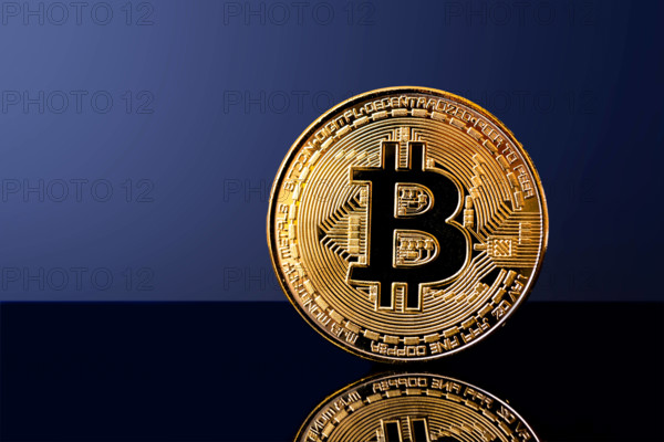 Glänzende Bitcoin-Münze auf reflektierender Oberfläche mit dunkelblauem Hintergrund