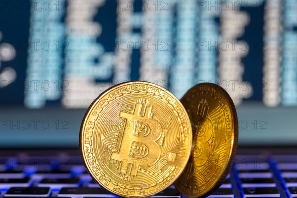 Symbolische Bitcoins auf einem Laptop *** Symbolic bitcoins on a laptop Copyright: xUdoxHerrmannx