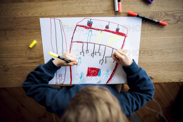 Symbolfoto zum Thema Kreativitaet bei kleinen Kindern: Ein fuenfjaehriger Junge sitzt zu Hause und malt mit Buntstiften