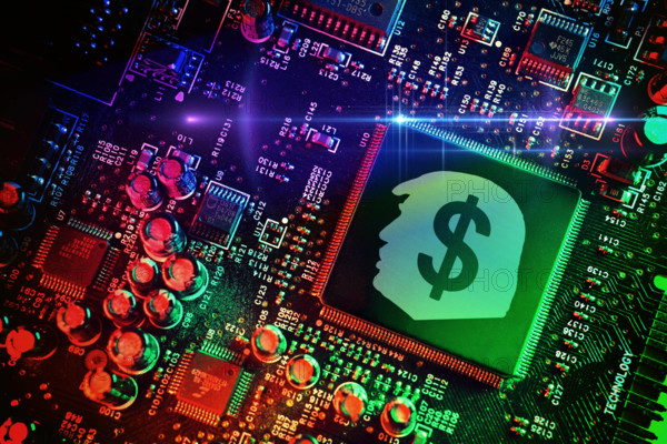 FOTOMONTAGE, Computerchip mit Trump-Profil und Dollarzeichen, Symbolfoto Trump-Coin $Trump *** PHOTOMONTAGE, computer ch
