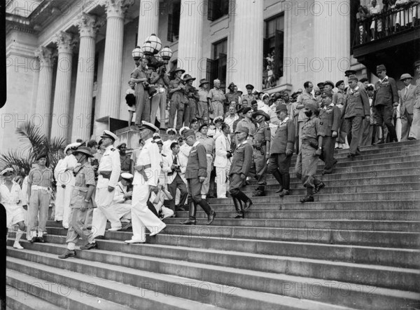Japanese Surrender at Singapore, 12 September 1945 The Japanese delegation leaves the building after the surrender cerem