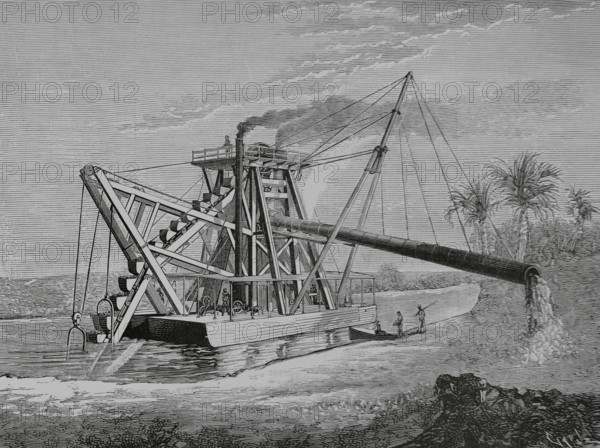 Colón (former Aspinwall), Panama. Dredge “Hercules" for the Panama Canal. Engraving by Capuz, 1883.