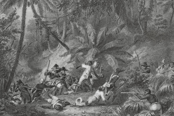 Haitian Revolution (1791-1804). Battle of Ravine-à-Couleuvres. Combat between French troops sent by Napoleon and Haitian rebel troops, 23 February 1802. Engraving by Outhwaite.