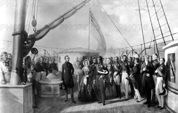 Bildnummer: 55875151  Datum: 01.01.2011  Copyright: imago/United Archives
Meeting between Louis-Philippe I and Queen Victoria at Le Treport 2 September 1845. Painting by Auguste Francois Biard (1800-1882) - a French genre painter. In September 1843 Queen Victoria crossed the English Channel for the first time. Her destination was Tréport in north-eastern France, where the Royal party was met by Louis-Philippe, King of the French. From there the Queen was taken by road to the Château d Eu, the King s country residence. At the end of her five-day stay at Eu, Queen Marie-Amélie presented Queen Victoria with a fan, recording the arrival on the quayside in Tréport on 2 September. - Victoria (Alexandrina Victoria; 24 May 1819 - 22 January 1901) was the Queen of the United Kingdom of Great Britain and Ireland from 20 June 1837, and the first Empress of India from 1 May 1876, until her death on 22 January 1901. Her reign lasted 63 years and seven months, longer than that of any other British ...