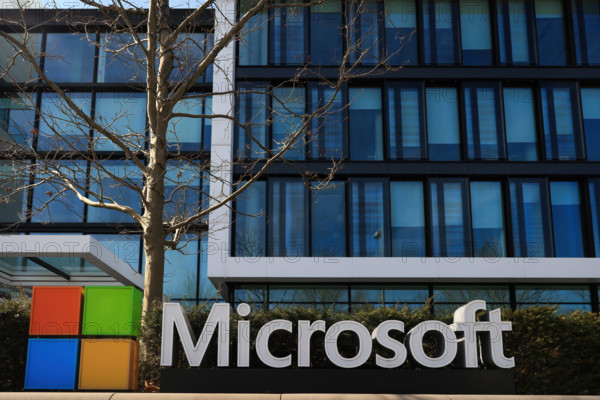 MUNICH, GERMANY - APRIL 10, 2023: Microsoft logo at the company office building located in Munich, Germany Microsoft eur