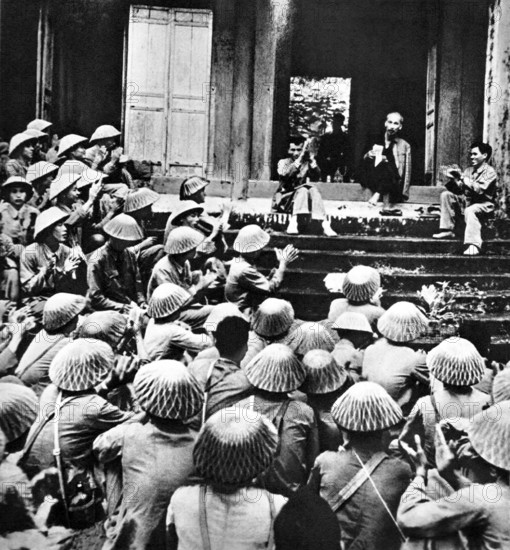 Vietnam: President Ho Chi Minh (1890-1969) addressing Viet Minh troops at the Tombs of the Hung Kings north of Hanoi dur
