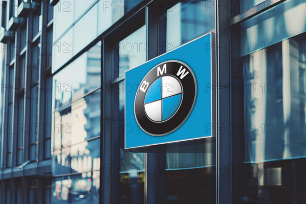 Illuminated banner with bmw car manufacturer s logo on a glass office building. Illuminated banner with bmw car manufact