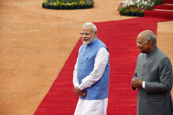 NEW DELHI, INDIA - FEBRUARY 27: Prime Minister Narendra Modi and President Ram Nath Kovind during the ceremonial recept