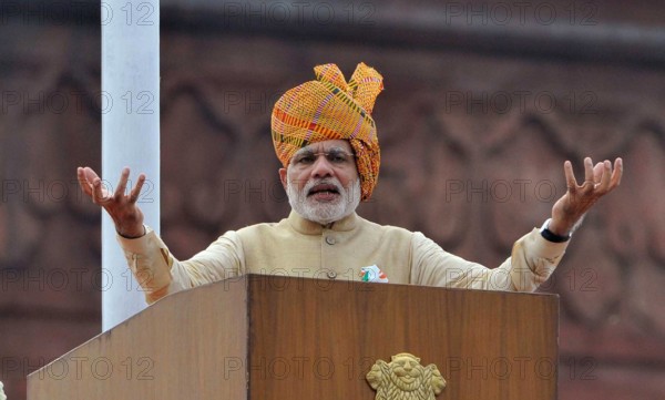 NEW DELHI, INDIA - AUGUST 15: Prime Minister Narendra Modi addresses the nation from the rampart of historical Red Fort