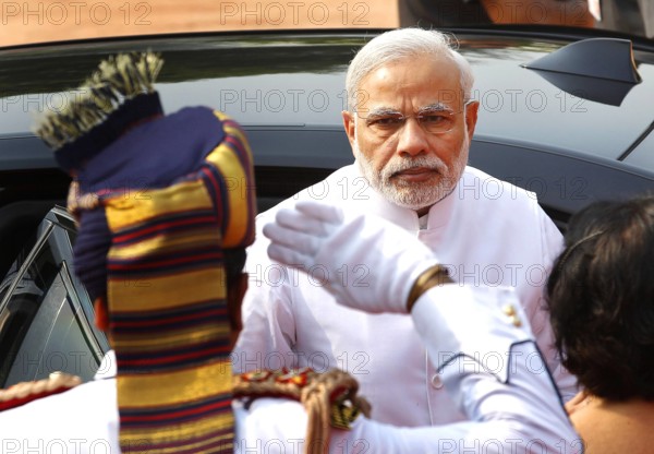 NEW DELHI, INDIA - JUNE 19: Prime Minister Narendra Modi arrives at Rashtrapati Bhawan forecourt for the ceremonial rec