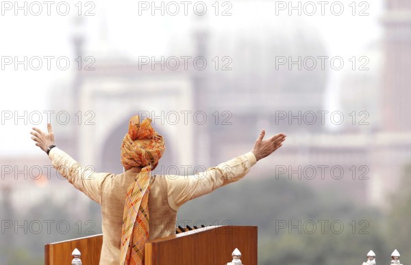 NEW DELHI, INDIA - AUGUST 15: Prime Minister Narendra Modi addressing the nation from the ramparts of the Red Fort on t
