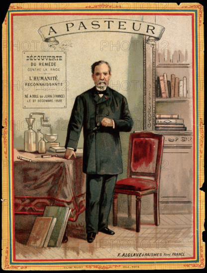 Louis Pasteur, standing, holding eyeglasses, with chemical apparatus and books. Chromolithograph. Copyright: xpiemagsx