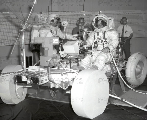 This image depicts the Apollo 16 mission astronauts John Young (right) and Charles Duke (left) in pressure suits during