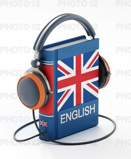 English dictionary with headphones isolated on white background. 3D illustration English dictionary with headphones isol