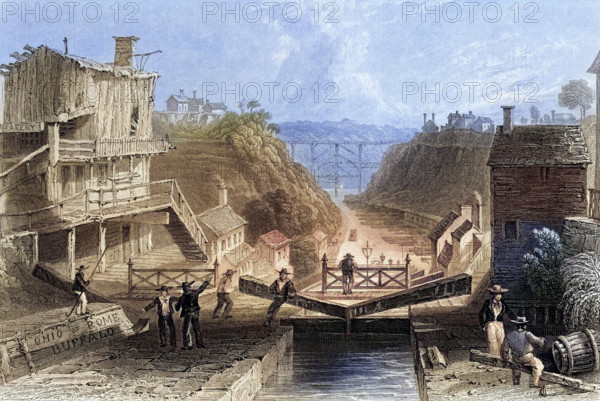 Lockport Erie Canal New York USA, Nach einem Druck aus dem neunzehnten Jahrhundert, gestochen von W Tombleson nach W H B