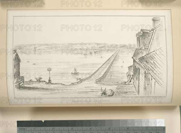 Bridge across Lake Cayuga.. Hall, Basil (1788-1844). Stone, William L. (William Leete) (1792-1844). Prints, Illustration