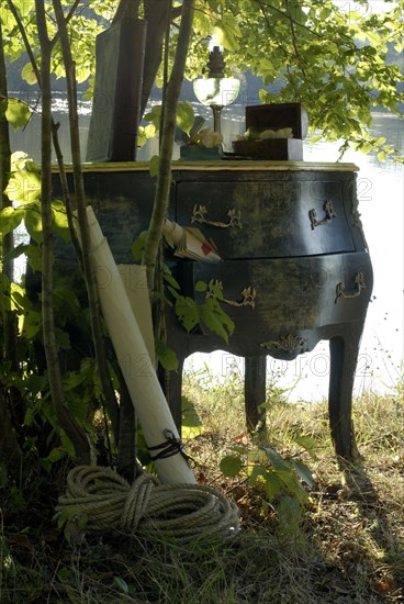 The Robinson Crusoe buffet: chest of drawers near a lake