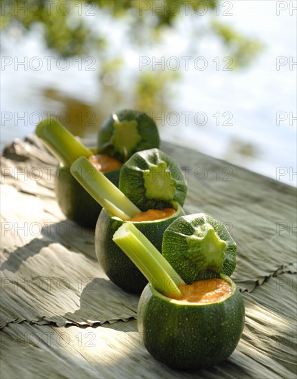 The Robinson Crusoe buffet: cream of peppers in round zucchinis