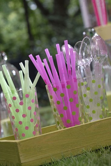 Meal in pink and green theme: glasses with straws and plastic spoons