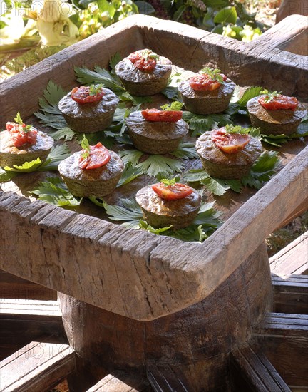 Typical French buffet: small tender cakes with chicken livers