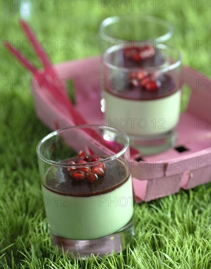 Meal in pink and green theme: pistacchio flavoured panna cotta and morello cherries coulis