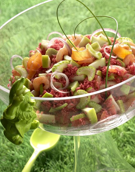 Meal in pink and green theme: crispy salad and pink semolina