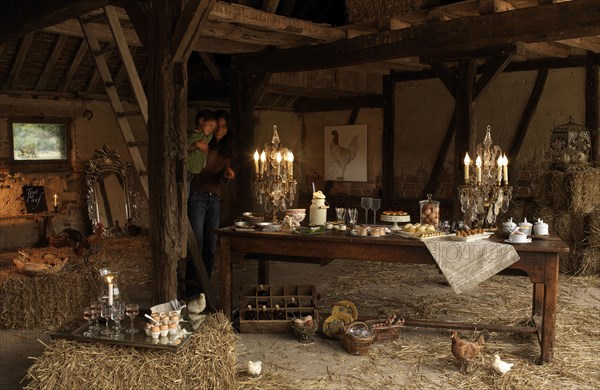 Repas "tout à l'oeuf" : table décorée dans une grange