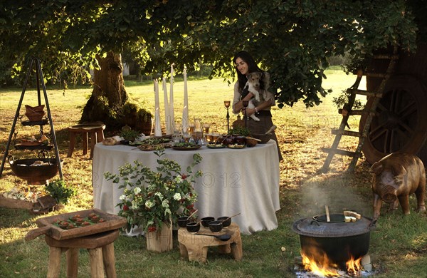 Typical French buffet: table set up under trees