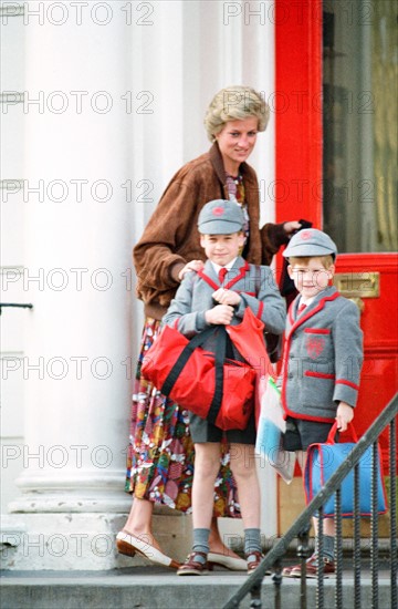 Prince William, aged 7, and Prince Harry, aged 5, return to pre-preparatory Wetherby School after the Easter Break, with their mother Princess Diana, 25th April 1990.
