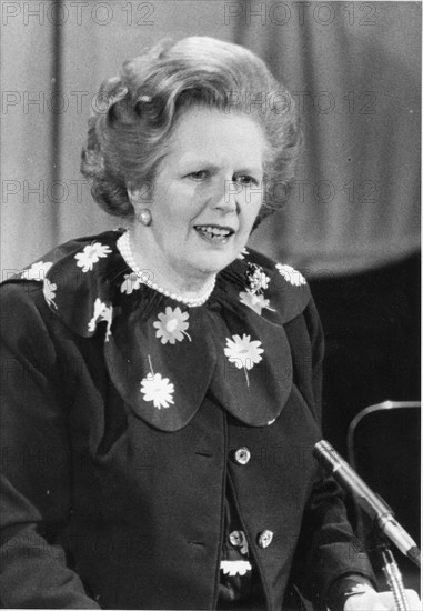 Margaret Thatcher giving a speech during a visit to Newcastle