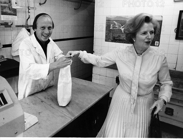 Margaret Thatcher MP doing some shopping at her local butchers  1978