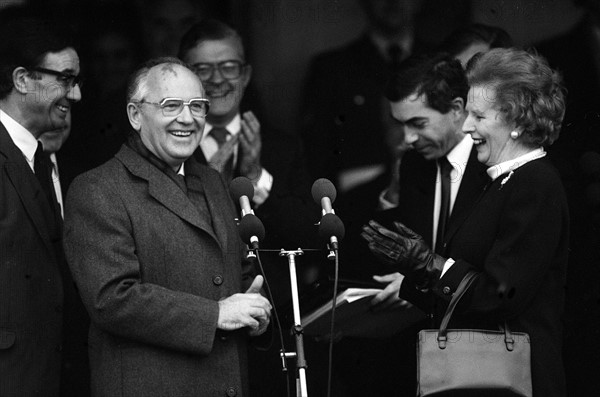 Margaret Thatcher meets President Mikhail Gorbachev at RAF base Brize Norton Dec 1987.