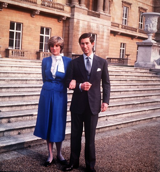 Prince Charles  with his fiancee Lady Diana Spencer 
after announcing their engagement
February 1981