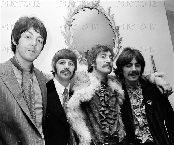 Press launch of 'Sgt. Pepper's Lonely Hearts Club Band' the eighth studio album by The Beatles May 1967.

Pictured at house in Chapel St. Belgravia London May 1967.  *** Local Caption *** John Lennon
Ringo Starr
Paul McCartney
George Harrison