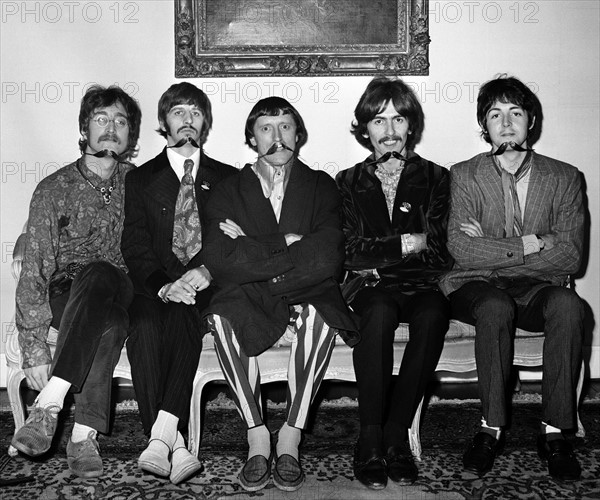 Press launch of 'Sgt. Pepper's Lonely Hearts Club Band' the eighth studio album by The Beatles May 1967.

Pictured at house in Chaple St. Belgravia London with Jimmy Saville May 1967.  *** Local Caption *** John Lennon
Ringo Starr
Paul McCartney
George Harrison
Jimmy Saville