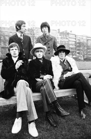 The Rolling Stones pictured in Green Park London for a press conference prior to their departure for America where they are to appear on the Ed Sullivan coast-to -coast show. Brian Jones, Bill Wyman, Keith Richards, Mick Jagger and Charlie Watts. 11th January 1967.