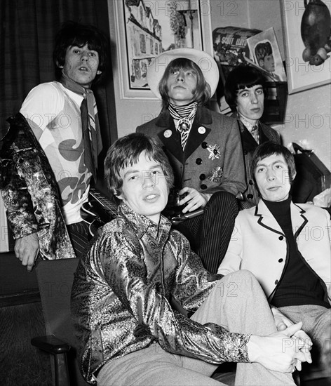 The Rolling Stones backstage before their appearance on Sunday Night at the London Palladium.
Keith Richards, Mick Jagger, Brian Jones Bill Wyman and Charlie Watts 
22nd January 1967