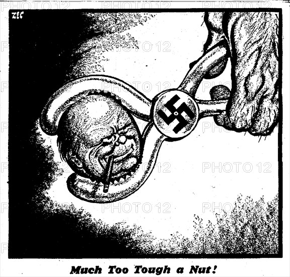 Much too tough a nut!  Daily Mirror 23rd May 1940
Philip Zec Cartoon depicts newly appointed Prime Minister Winston Churchill's head in a set of Nazi nutcrackers. 
In late May, against the backdrop of the Dunkirk evacuation and the unstoppable German advance, Churchill disregarded calls for peace talks with Hitler. Britain would fight on, he ordered.