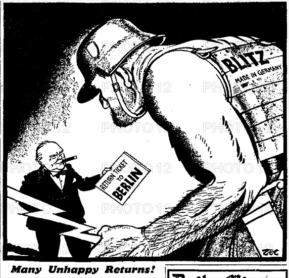 Many Unhappy Returns! Daily Mirror 16th July 1941 Philip Zec Cartoon depicting Winston Churchill standing in front of a German soldier holding a return ticket to Berlin