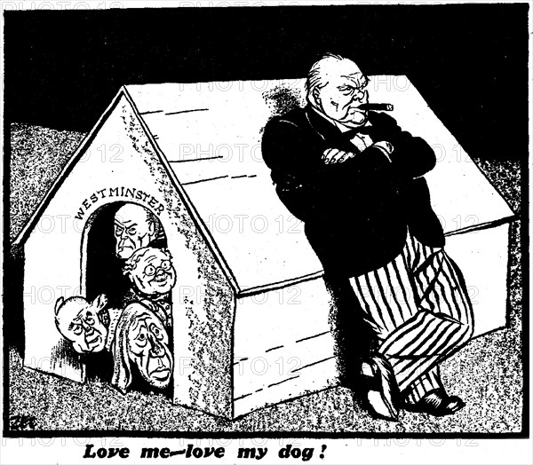 Love me love my dog!  27th January 1942 Philip Zec cartoon depicting a serious Winston Churchill leaning against the dog kennel which contains his war cabinet.
The cartoon was drawn at the beginning of a three day debate in the House of Commons on the ¿tion of Confidence in the Government¿following the defeats in the Far East