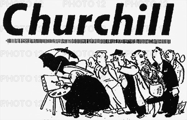 Daily Mirror 20th October 1951. Cartoon of Winston Churchill painting while a crowd of people look on.