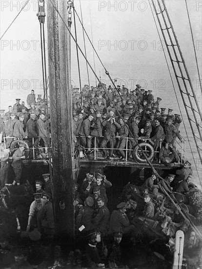 World War I British soldiers and their horses on board ship on their way across the channel to France. August 1914