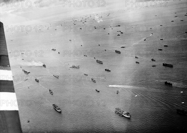Allied shipping waits off the coast of Normandy France during WW2  1944