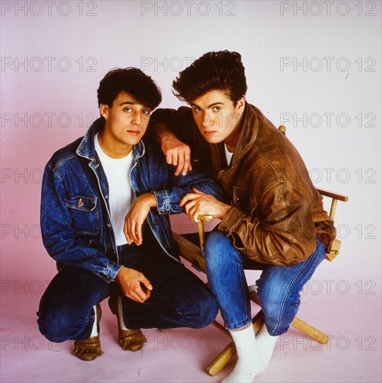 Pop group Wham, Andrew Ridgeley and George Michael. November 1986.