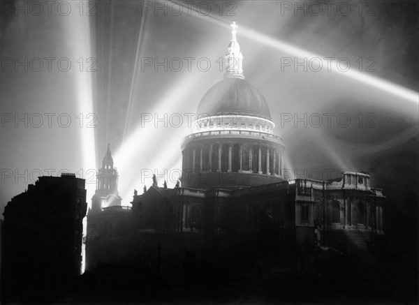 St Pauls Cathedral flood lit during the VE day celebrations to celebrate victory in Europe . 8th May 1945.