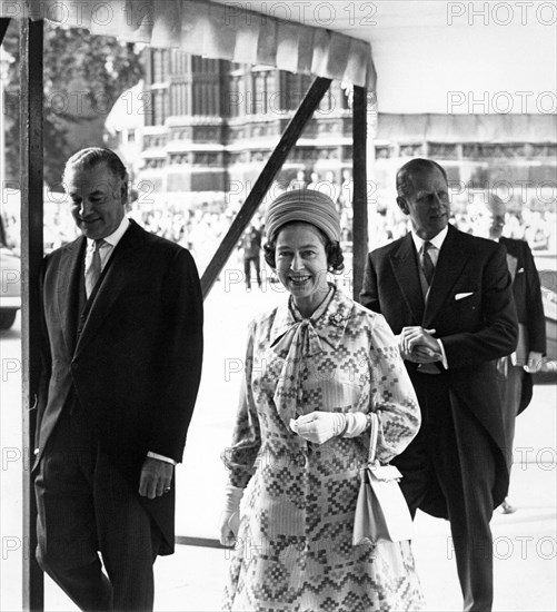 Queen Elizabeth II arrives at the 62nd Inter-Parliamentary Union conference with Prince Philip 
4th September 1975.