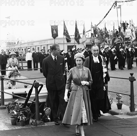Her Majesty Queen Elizabeth II arriving at Albert Pier in Jersey on her royal visit to the Channel Islands with her husband Prince Philip, Duke of Edinburgh.
30th July 1957.